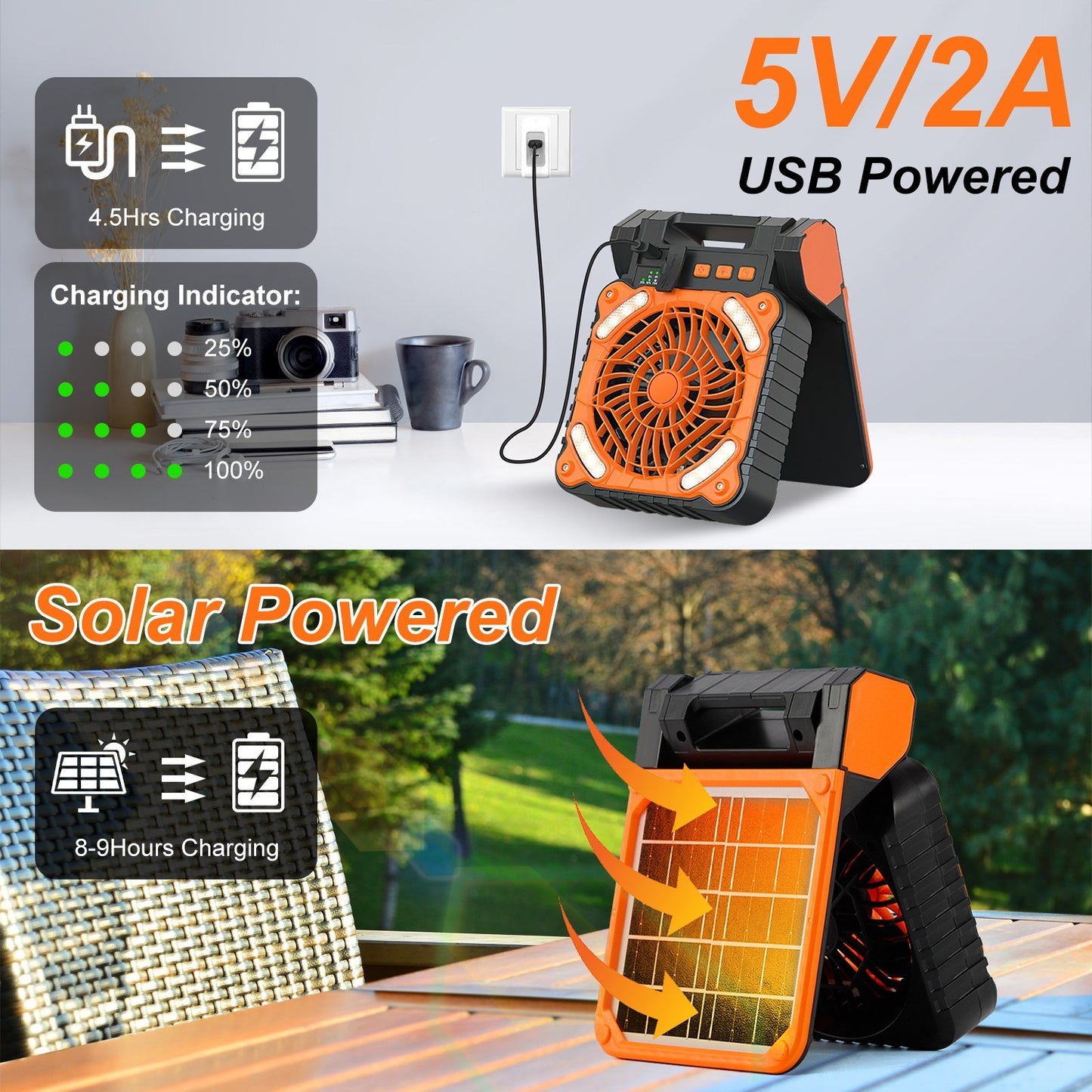 Solar Camping Fan & Power Bank - Portable 3-in1 Cooling, Lighting & Charging Solution