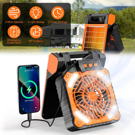 Solar Camping Fan & Power Bank - Portable 3-in1 Cooling, Lighting & Charging Solution