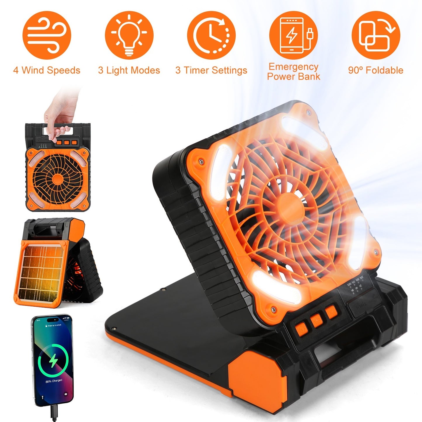 Solar Camping Fan & Power Bank - Portable 3-in1 Cooling, Lighting & Charging Solution